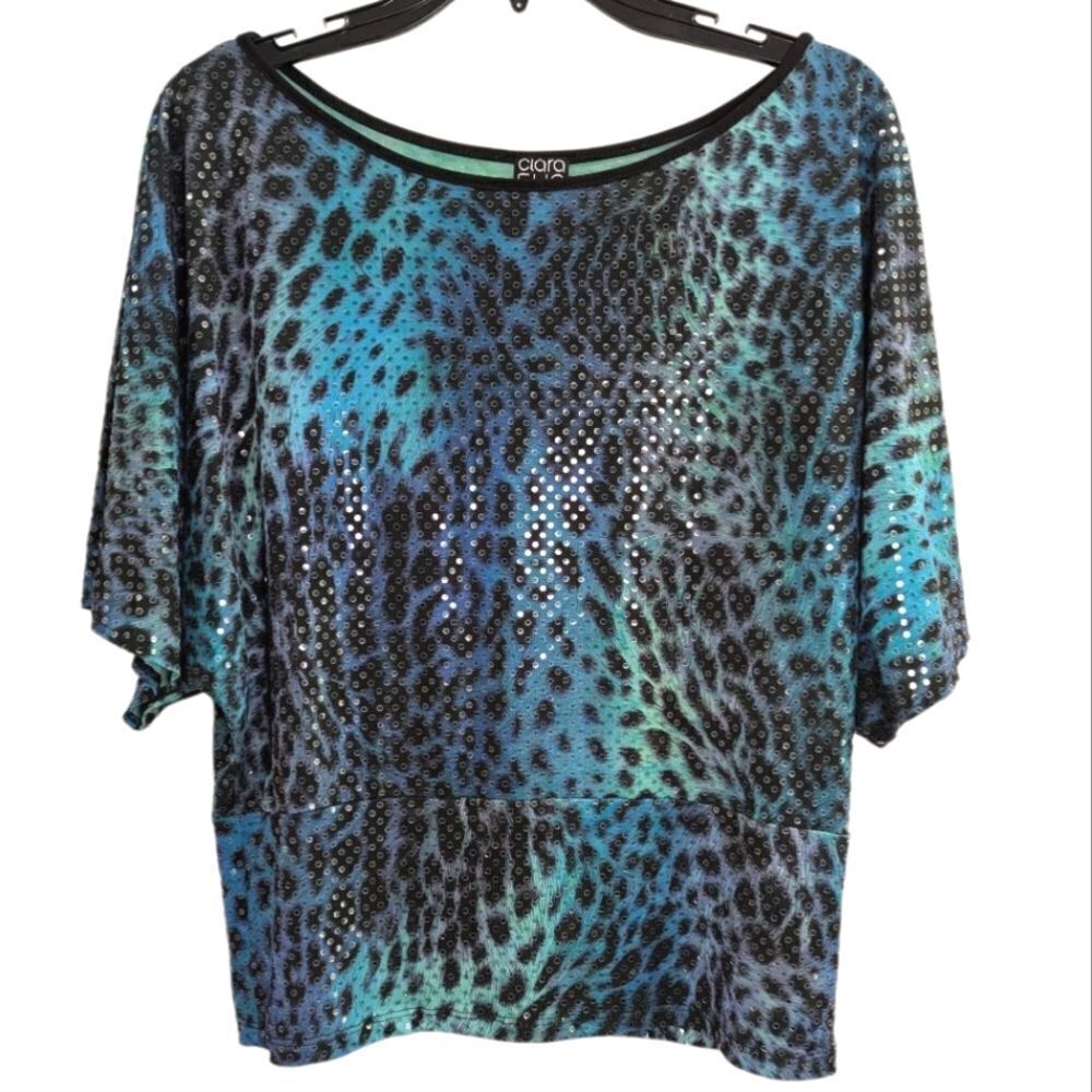 Clara Sun Woo blue & green animal leopard sequin batwing vintage dressy Top S